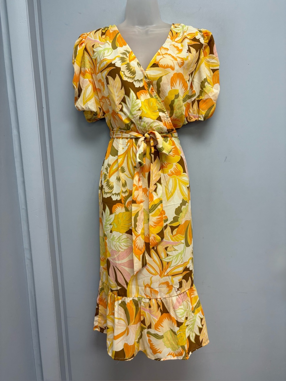 Eclair Retro Floral Puff Sleeve Midi Dress Orange Yellow Brown Size M